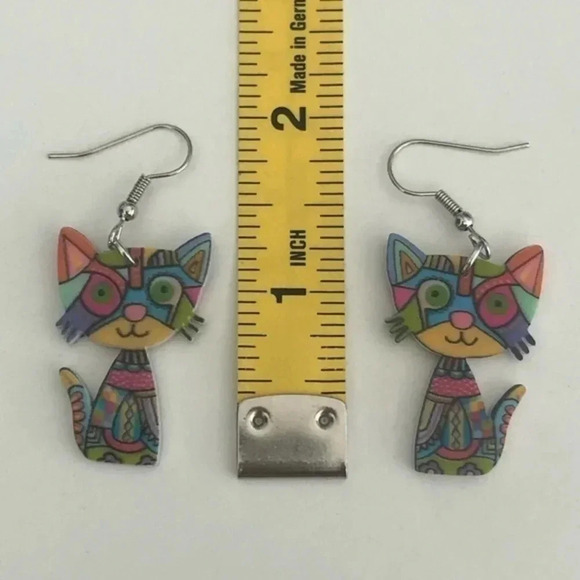 Cute Colorful Rainbow Abstract Kitty Cat Drop Earrings NWT - Picture 2 of 2
